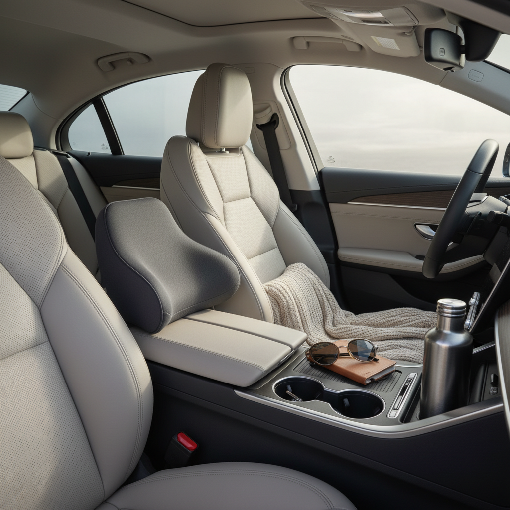 Comfort-focused road trip interior with pillows, blanket, and organized console