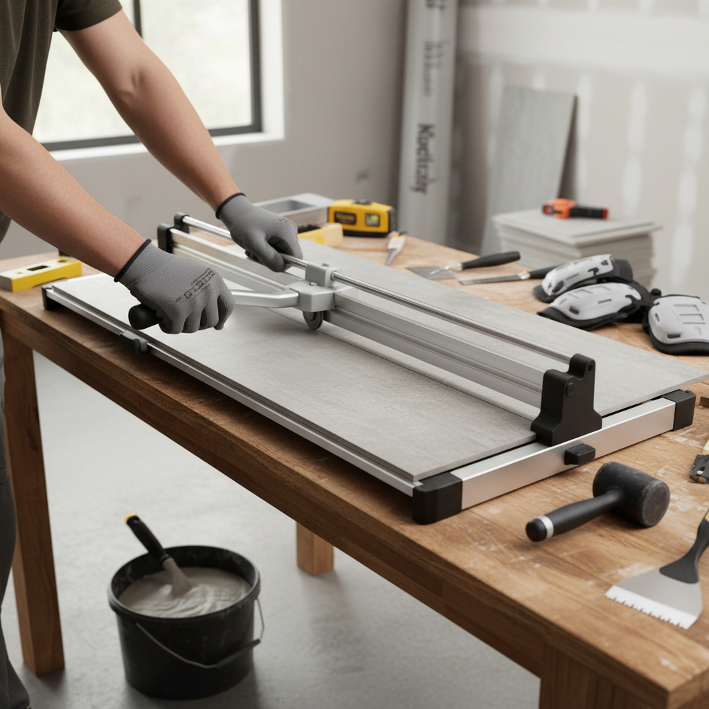 Manual ceramic tile cutter scoring a floor tile on a workbench