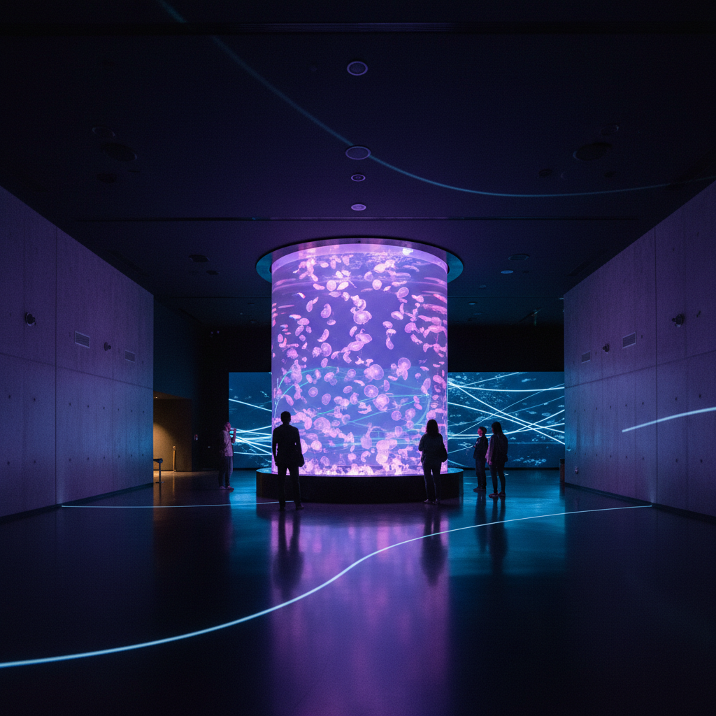 Modern aquarium exhibit with jellyfish display and moody lighting