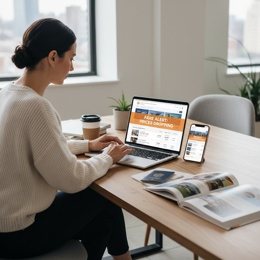 Traveler comparing flight prices on laptop and phone using fare alerts