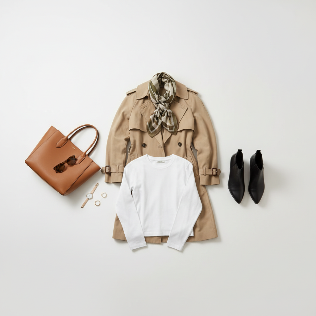 Flat lay of transitional outfit layers including tee, cardigan, trench, scarf, and ankle boots