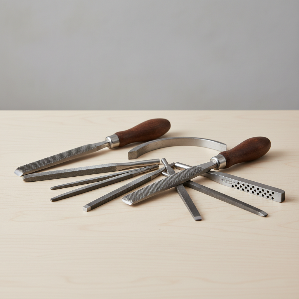 Different types of wood rasps and files on a woodworking bench