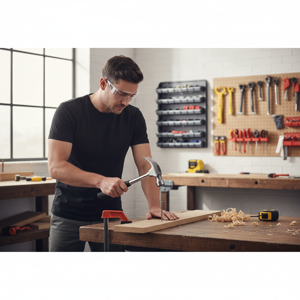 Proper grip and stance using a forged steel claw hammer to drive nails safely