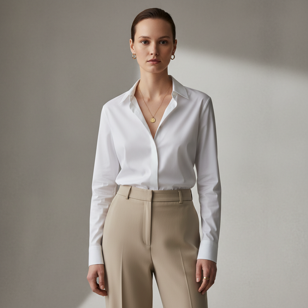 Button-down shirt styled with a coin pendant necklace