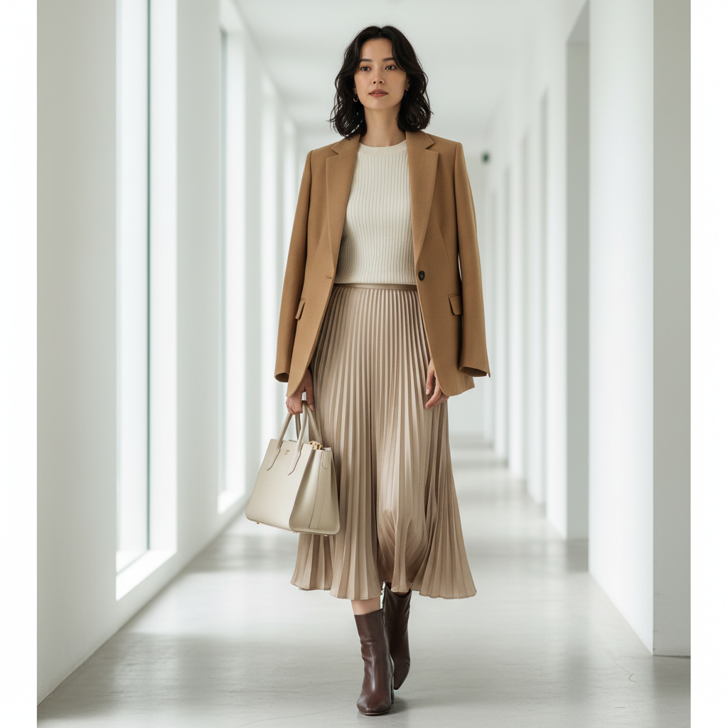 Blazer outfit formula with midi skirt and knit top for smart casual