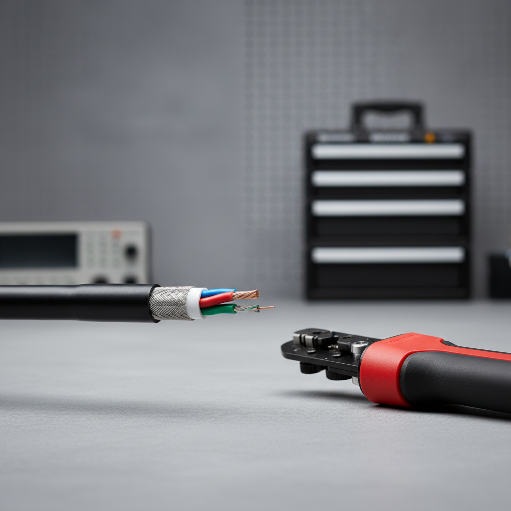 Cleanly stripped round cable jacket showing inner conductors and shielding intact