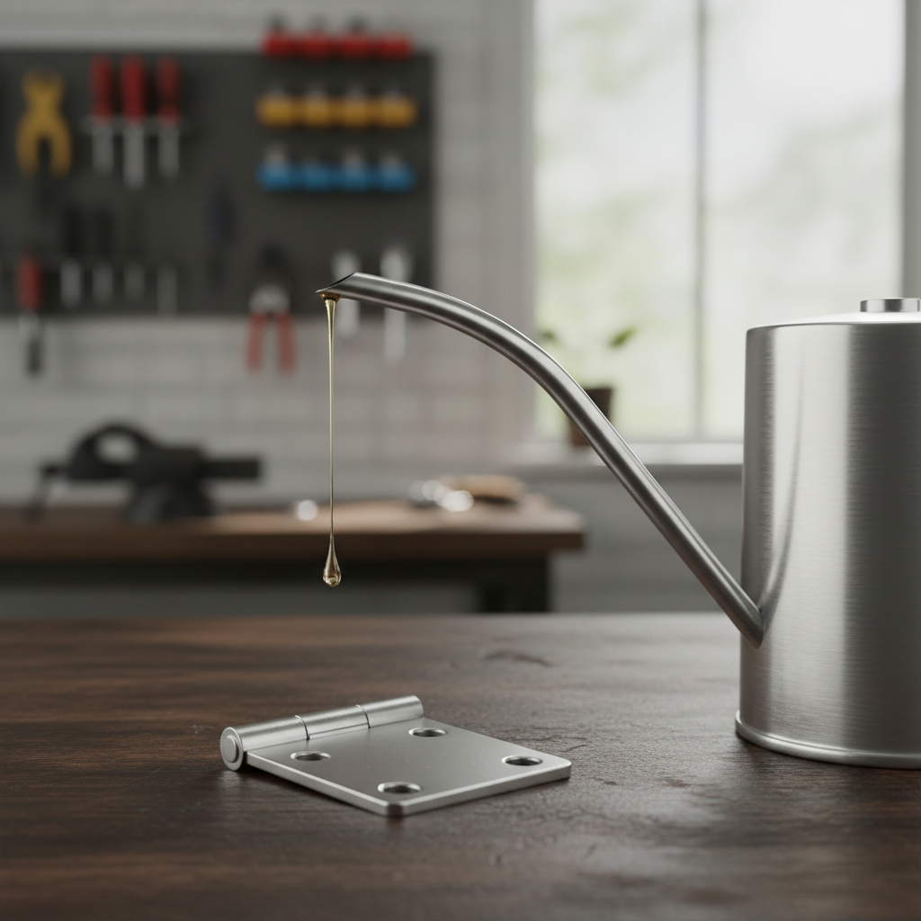 Metal spout oil can applying a controlled drop to a hinge