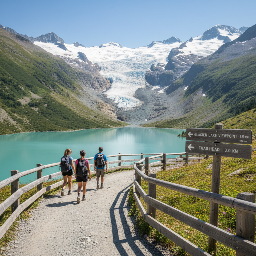 Hikers on a marked trail toward a glacier-fed lake viewpoint