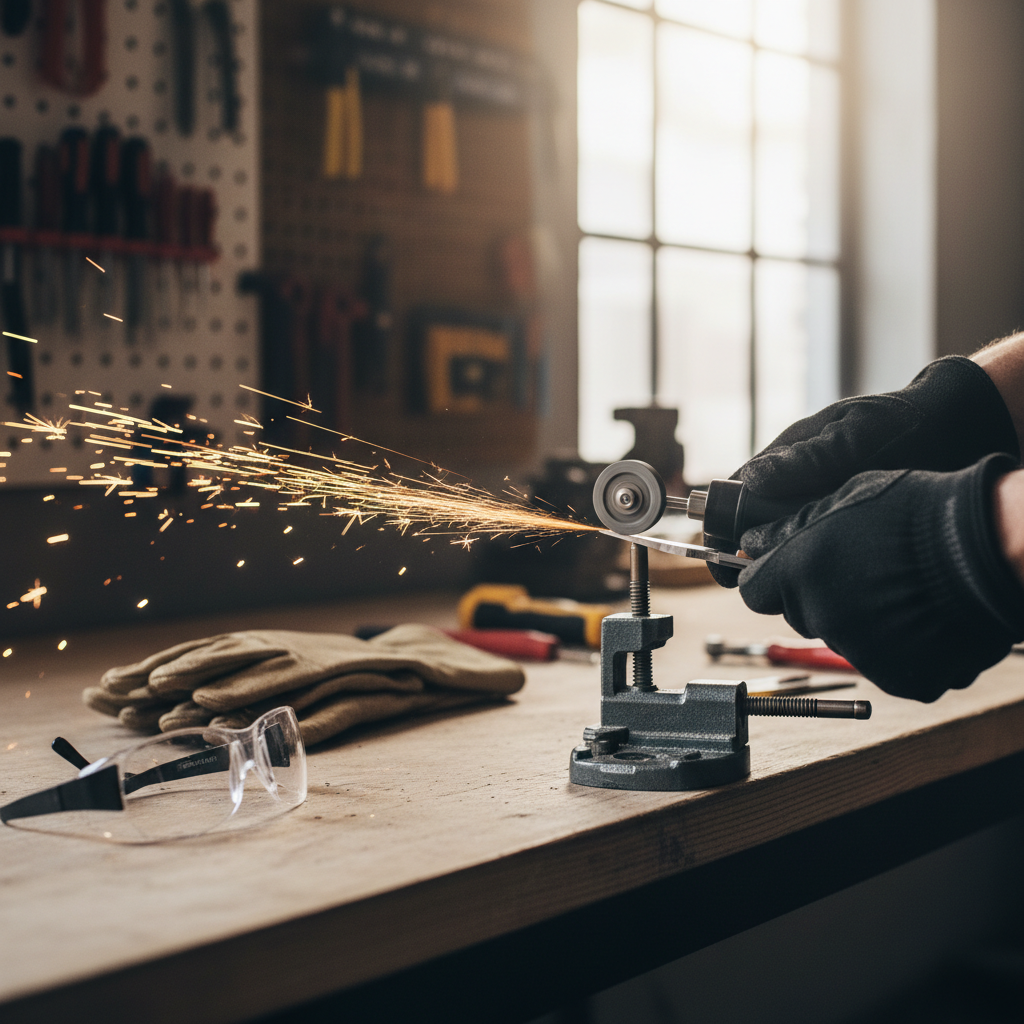 Rotary tool with grinding stone sharpening a small blade at the workbench