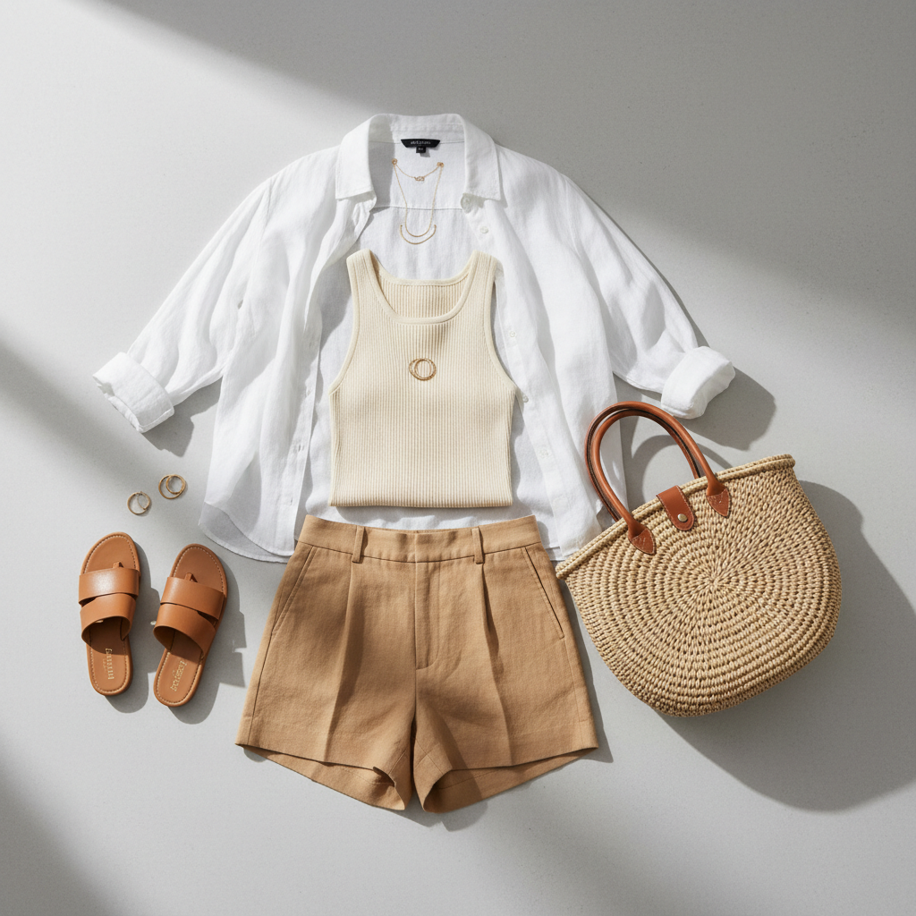 Capsule summer outfits using women linen shorts with tops and sandals