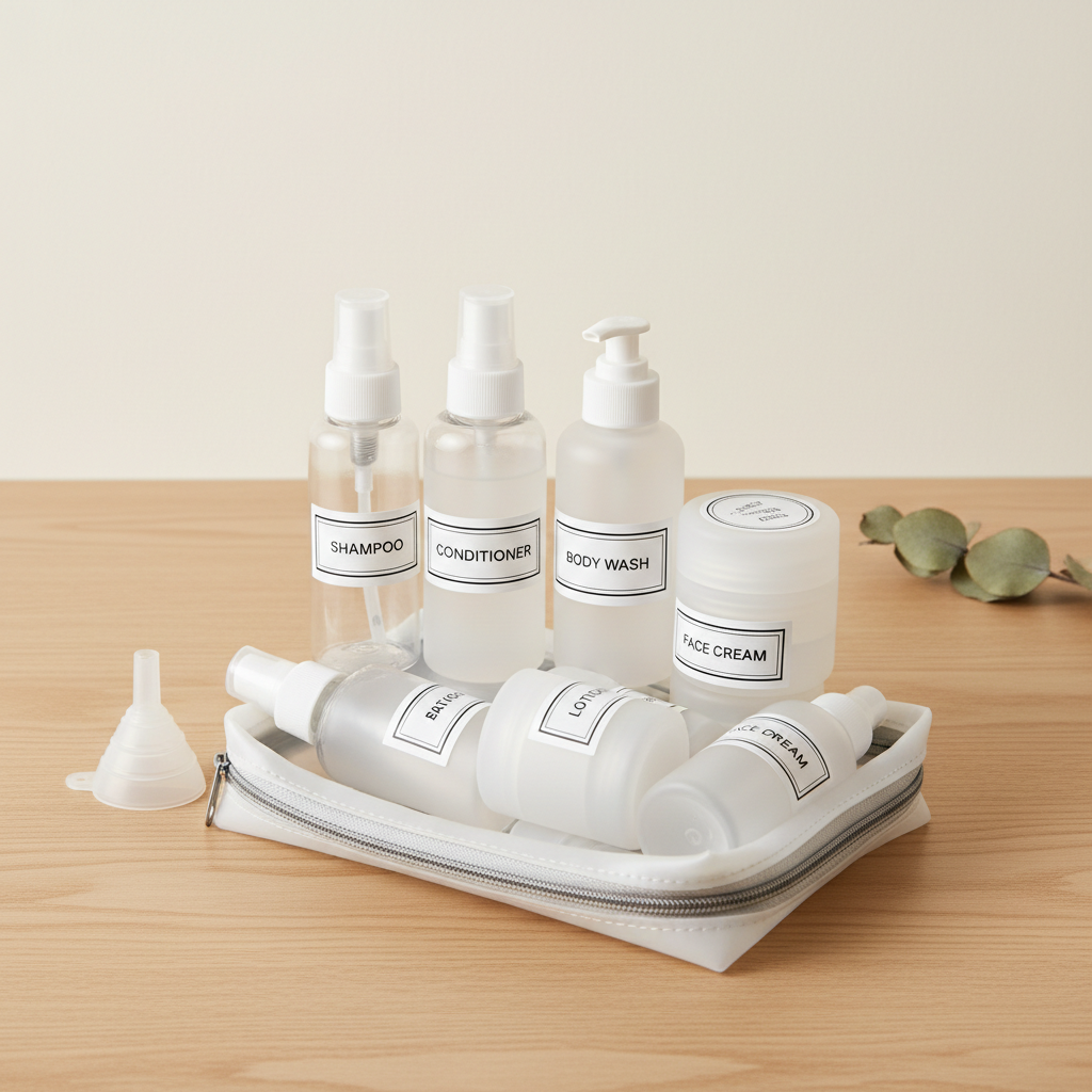 Leakproof travel toiletry kit with mini bottles, silicone jars, and labeling supplies