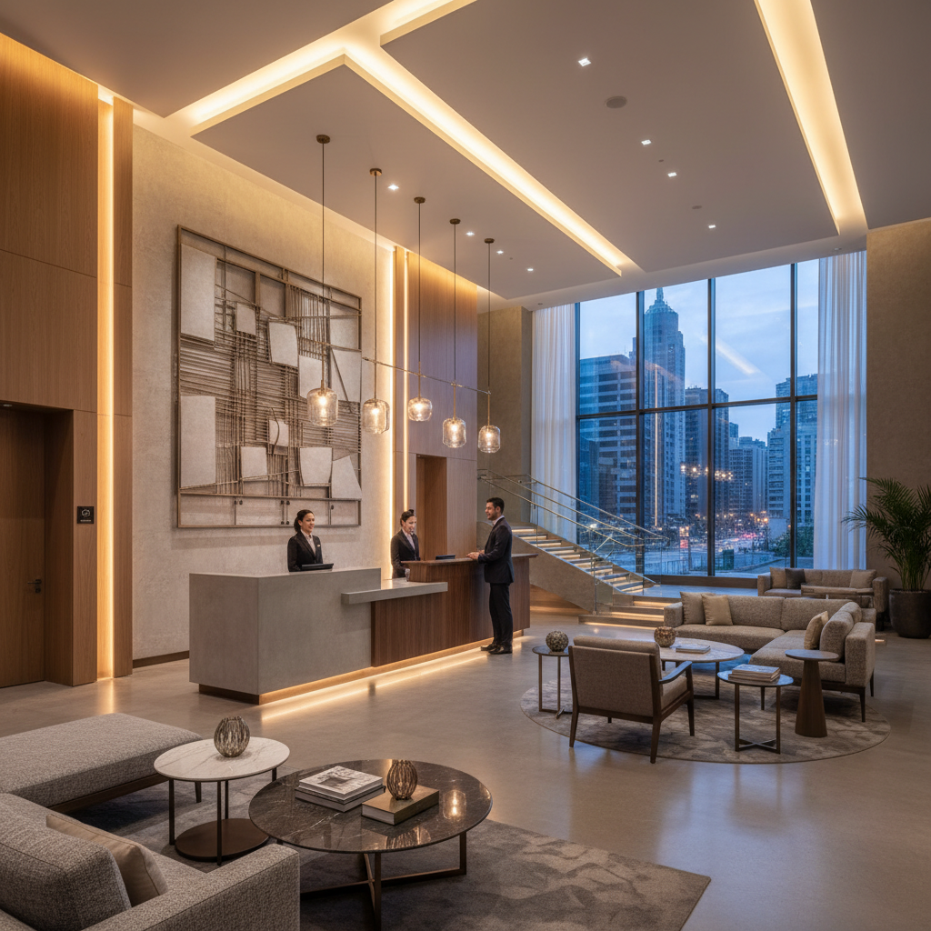 Upscale hotel lobby with modern design suggesting affordable luxury travel upgrades