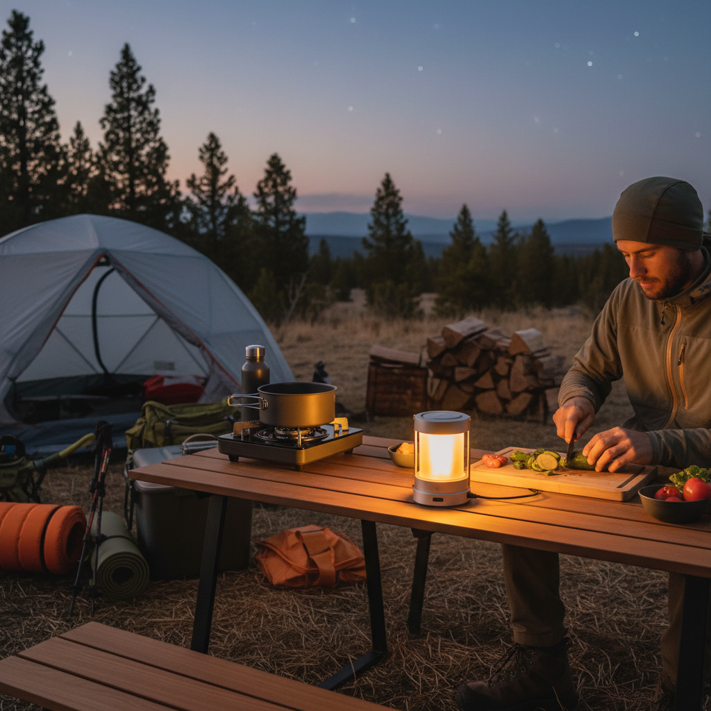 Camper using a USB-C rechargeable travel lantern at a picnic table