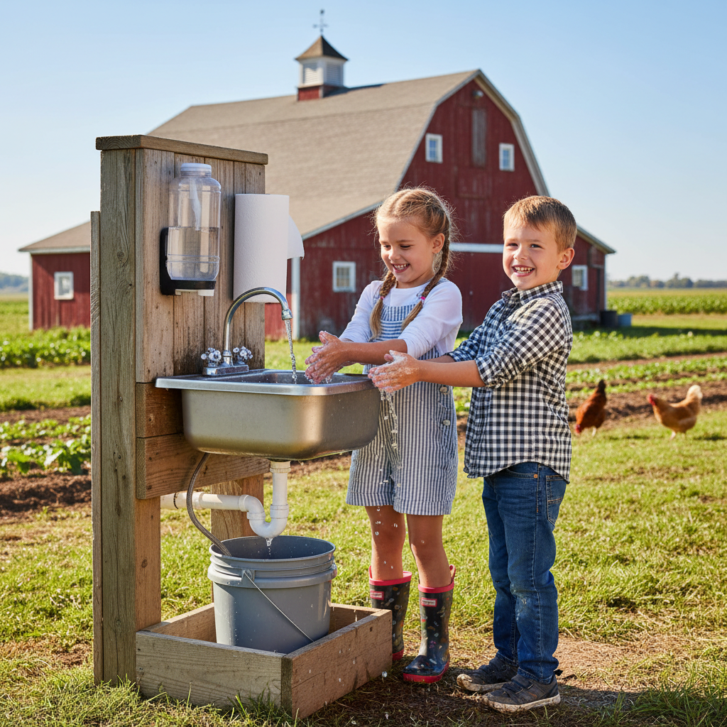 Kids washing hands at an outdoor sink on a farm stay