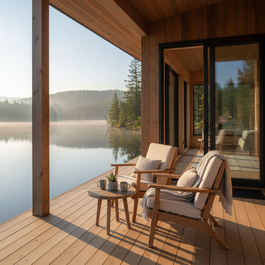 Lakeside cabin porch with chairs facing calm water for a restful getaway