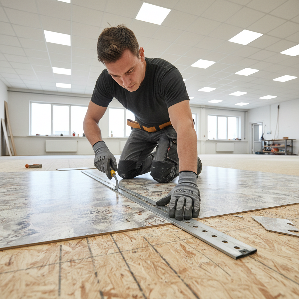 Installer using a straightedge and hook blade to cut sheet flooring safely