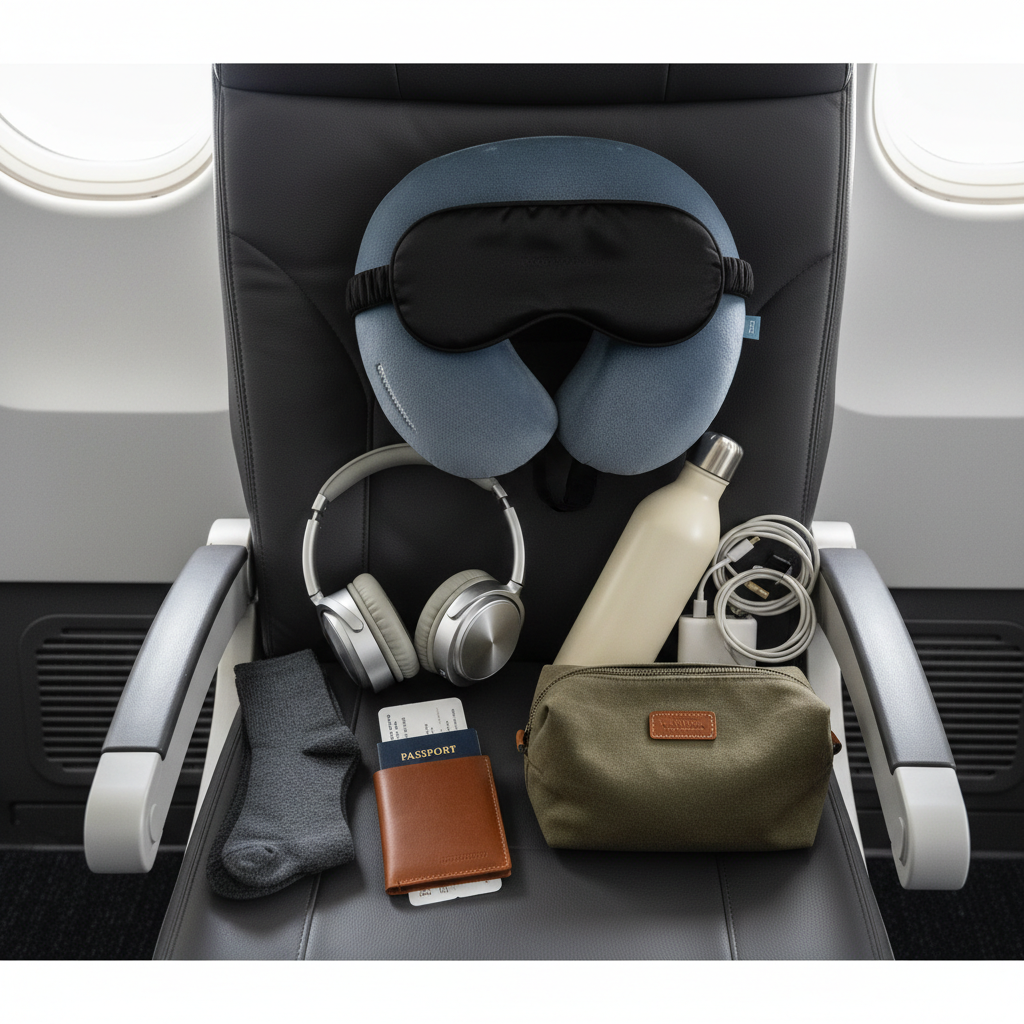 Carry-on long haul travel essentials laid out on a seat