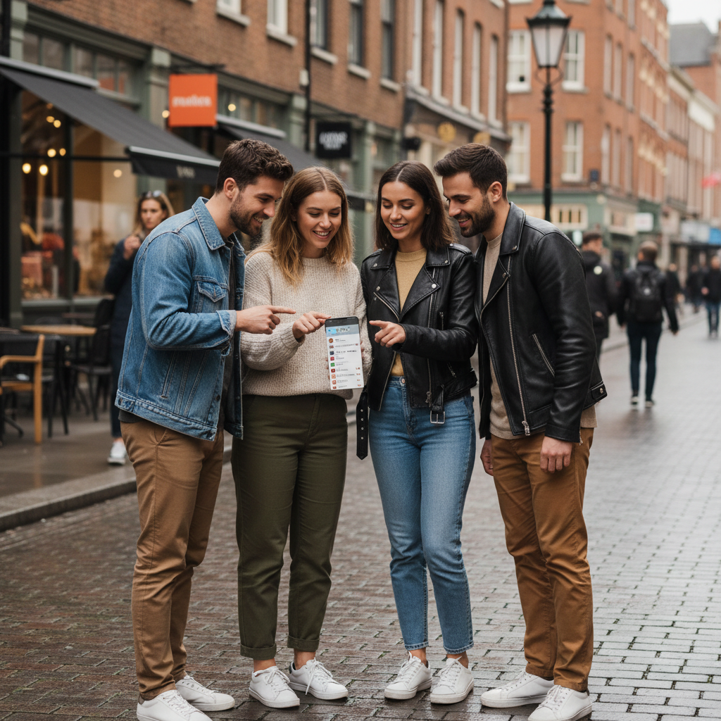 Friends comparing restaurant options on a phone while walking a city street