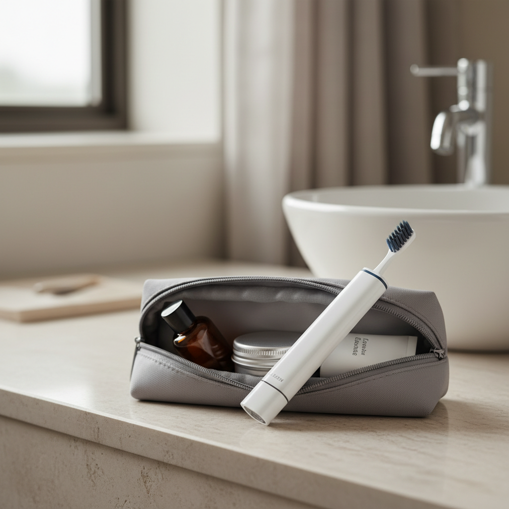 Foldable travel toothbrush in a toiletry bag for clean teeth