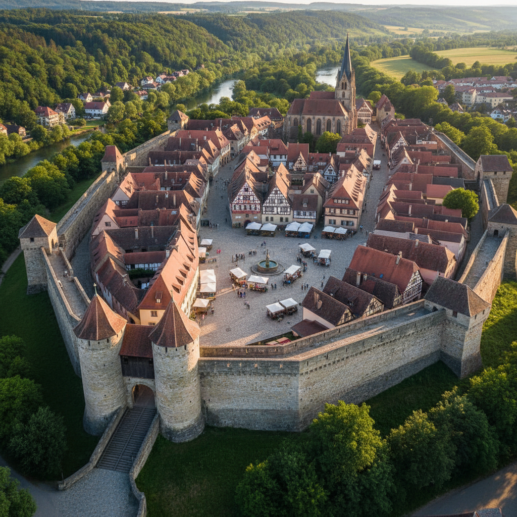 Aerial view of a walled medieval town with stone ramparts and a central market square