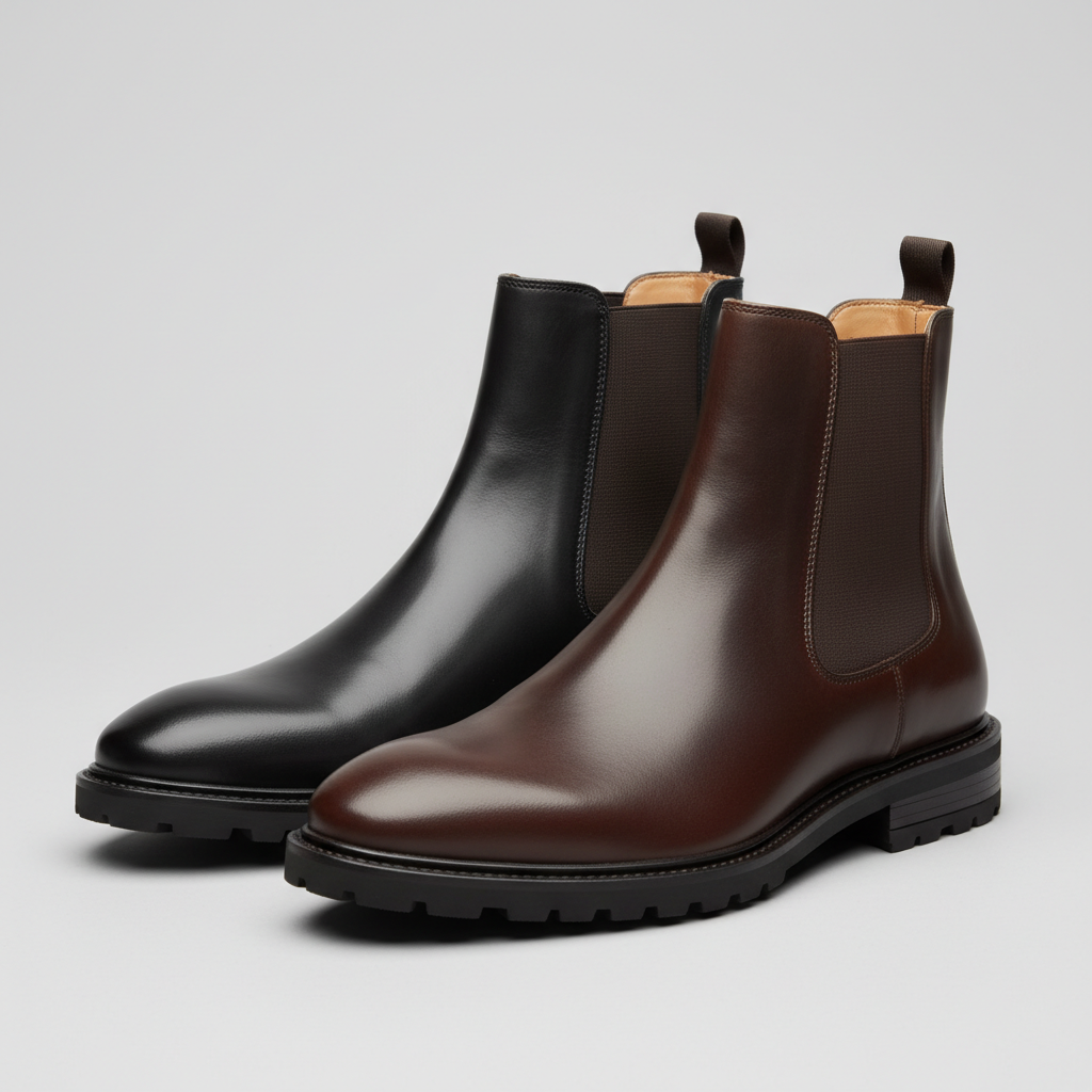 Close-up of black and brown leather Chelsea boot details showing toe shape and sole profile