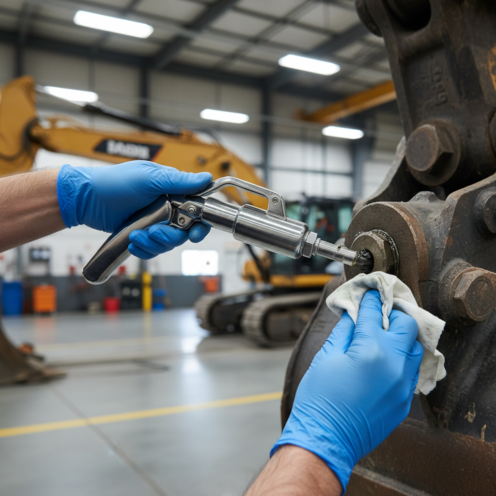 Technician inspecting a grease gun coupler and zerk fitting for blockage during refill issues