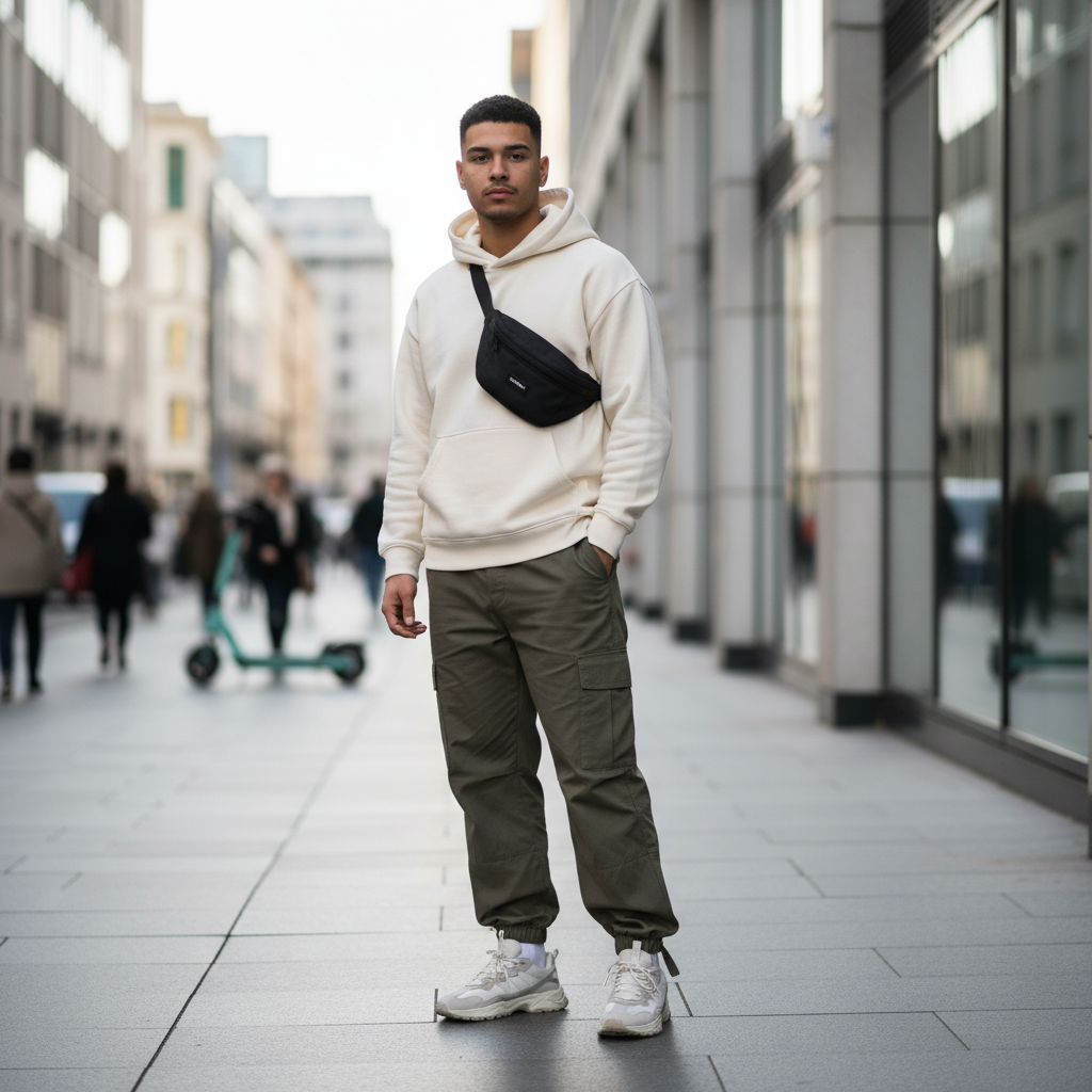 Streetwear outfit with fanny pack worn crossbody over hoodie