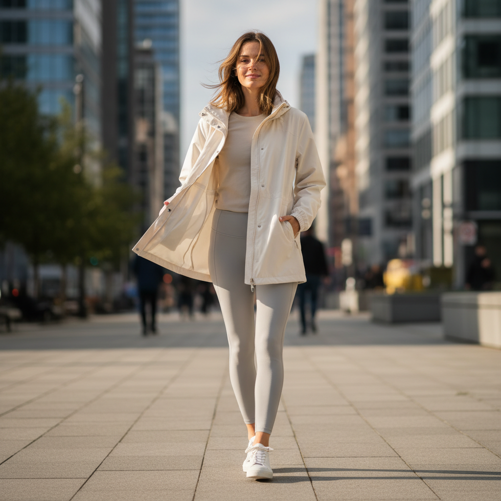 Woman wearing a lightweight windbreaker jacket on a breezy city walk