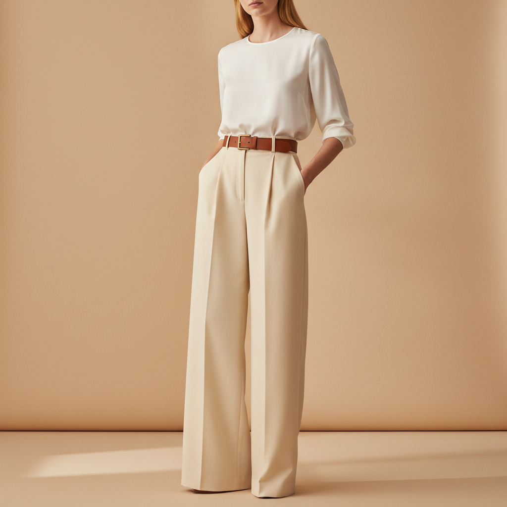 Model wearing high-waist trousers with a belt to balance proportions in belt styling outfits