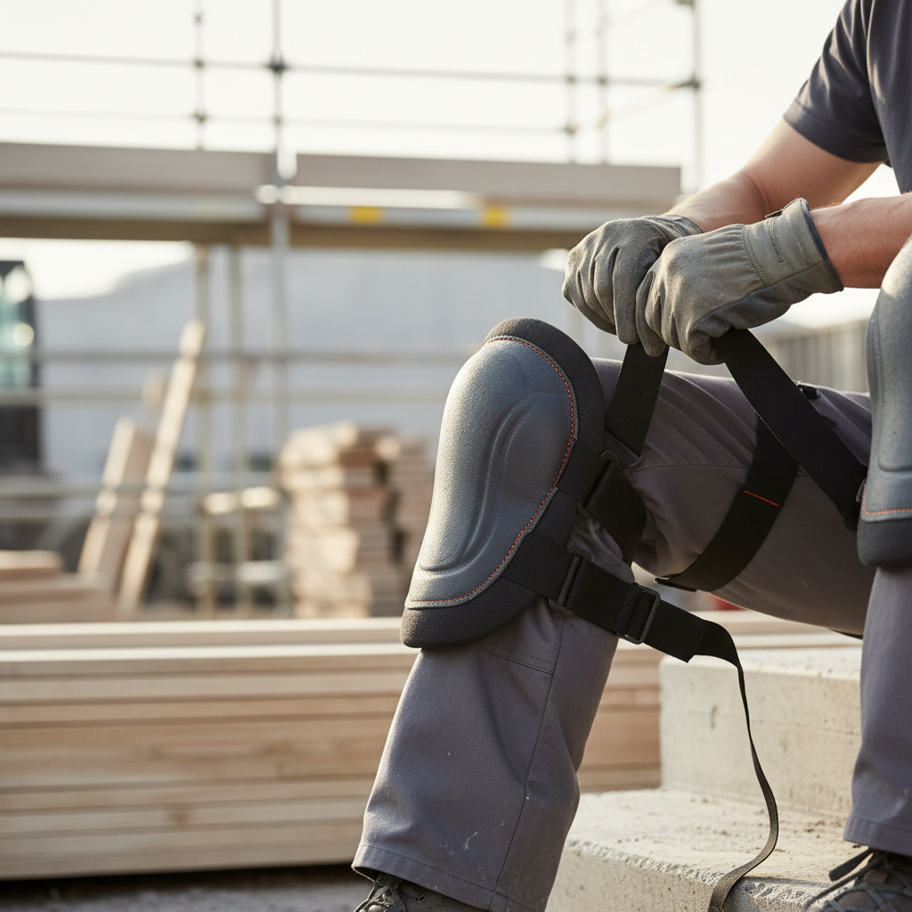 Worker adjusting knee pad straps for proper fit and comfort
