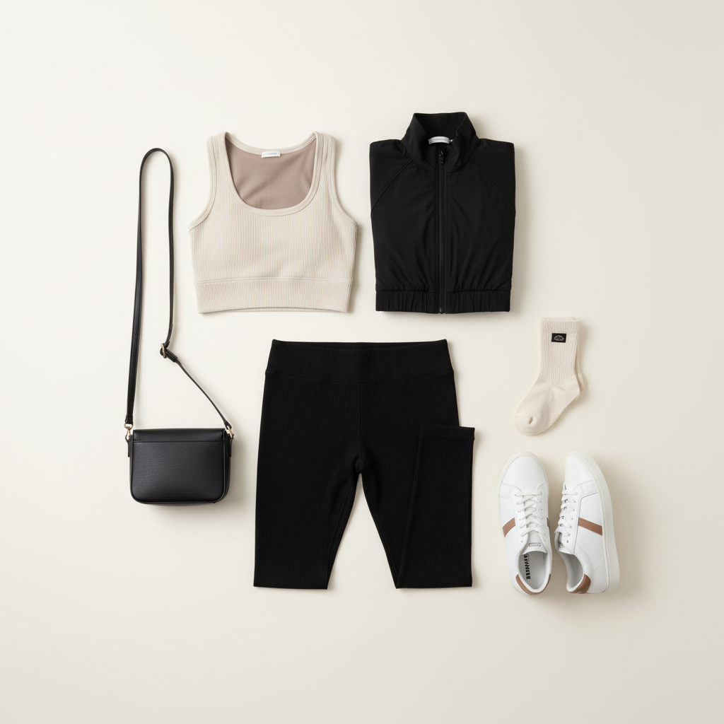 Capsule gym wear wardrobe laid out with neutral leggings, sports bras, jacket and sneakers