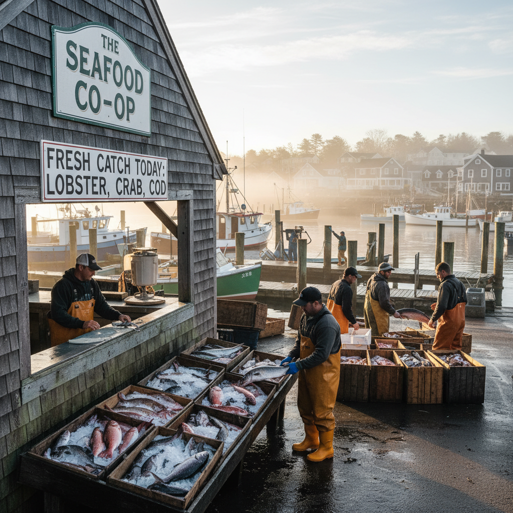 Harbor seafood market in a small coastal town