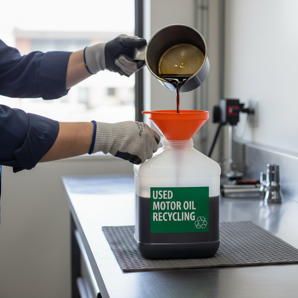 Used oil being poured from a spouted drain pan into a recycling jug with a funnel