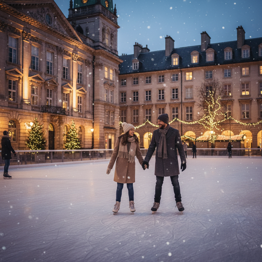 Couple skating at an elegant European outdoor rink with historic architecture
