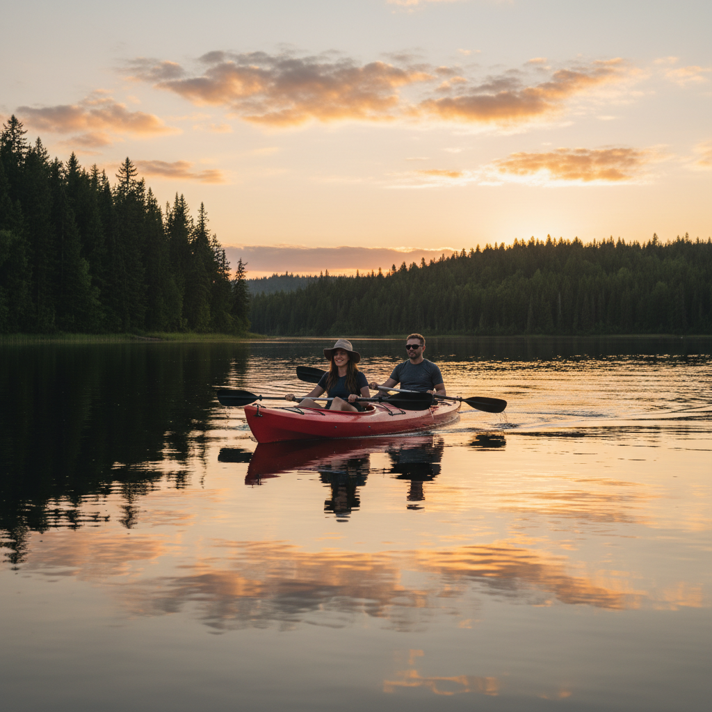 Couple kayaking on calm lake near forested shoreline at sunset