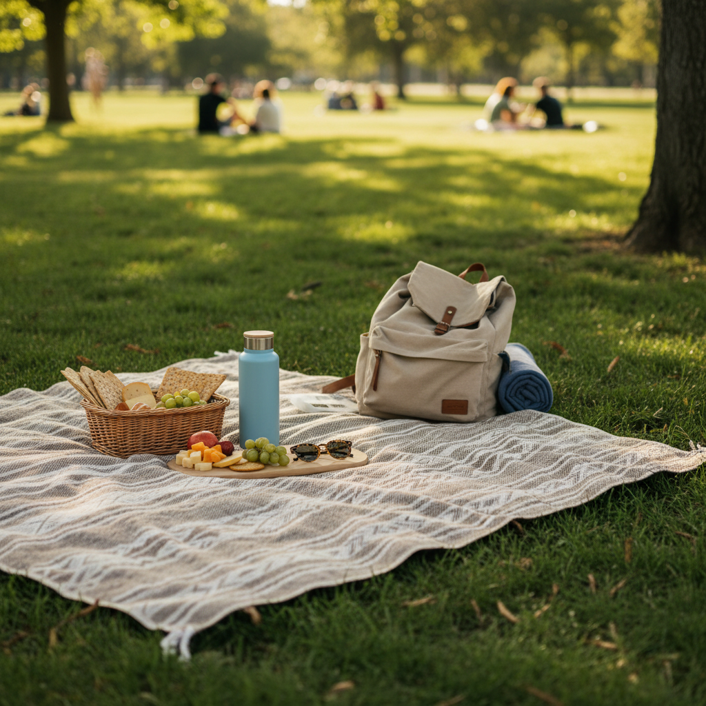 Outdoor travel picnic blanket spread on park grass with snacks and water bottle