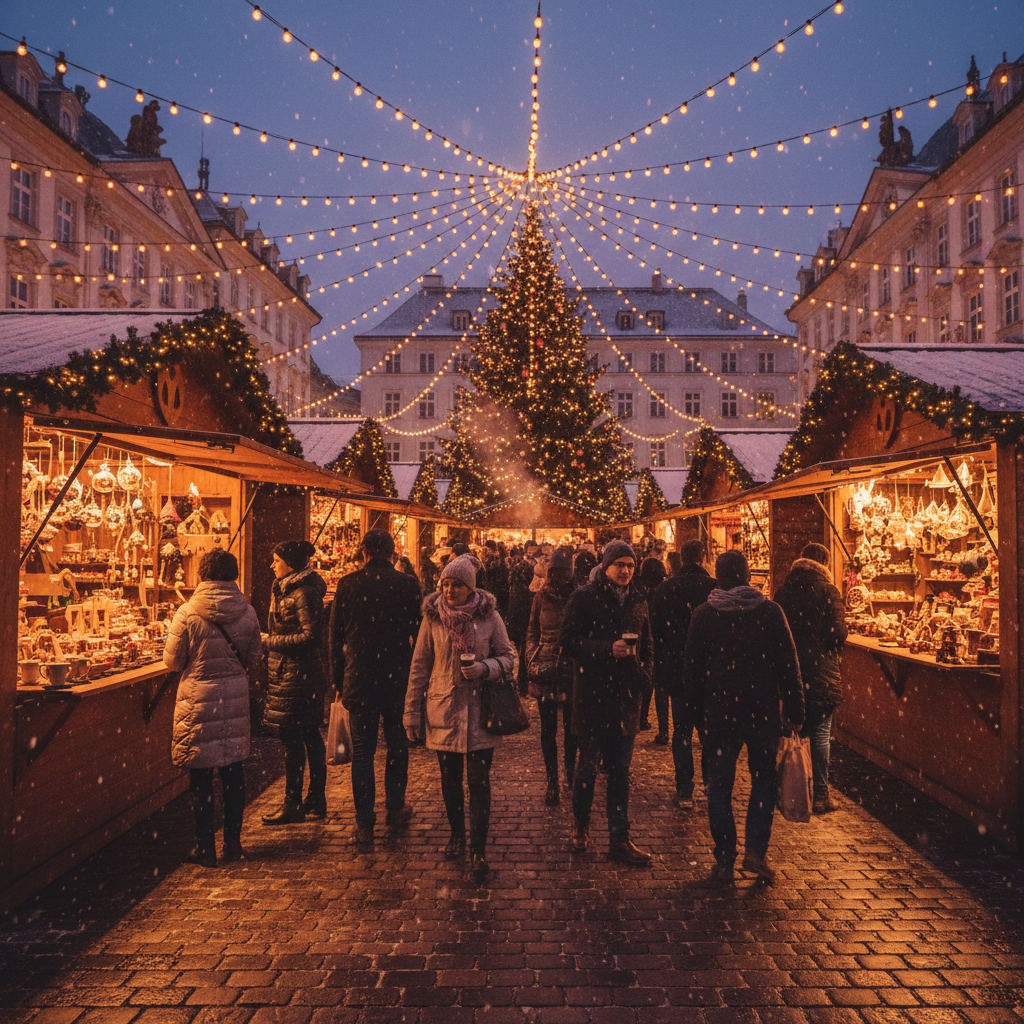 European Christmas market at dusk with stalls and festive lights