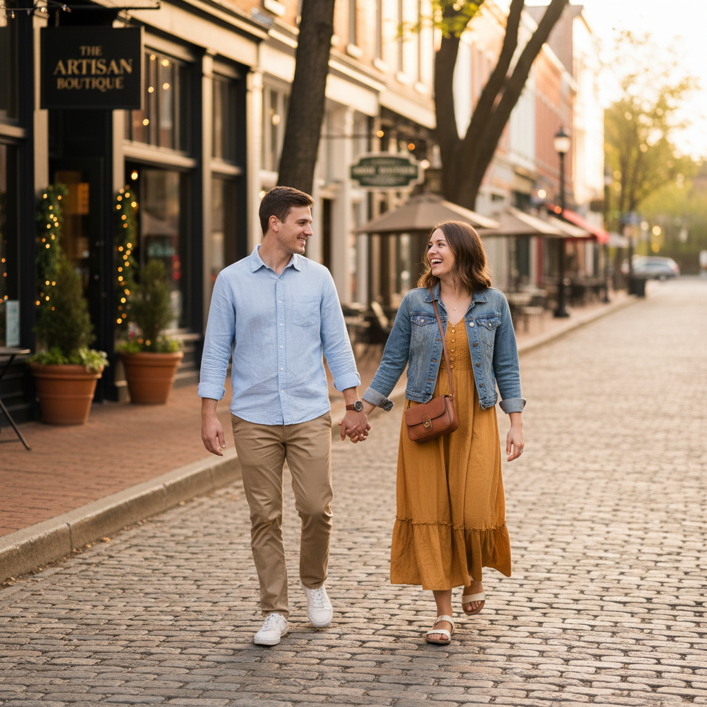 Couple walking in a lively city neighborhood during a weekend getaway