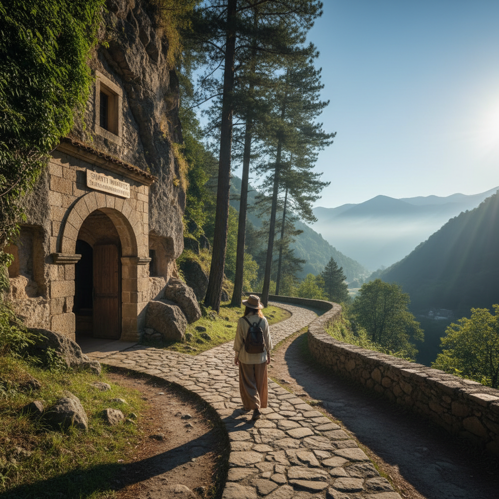 Traveler approaching a monastery entrance with respectful attire