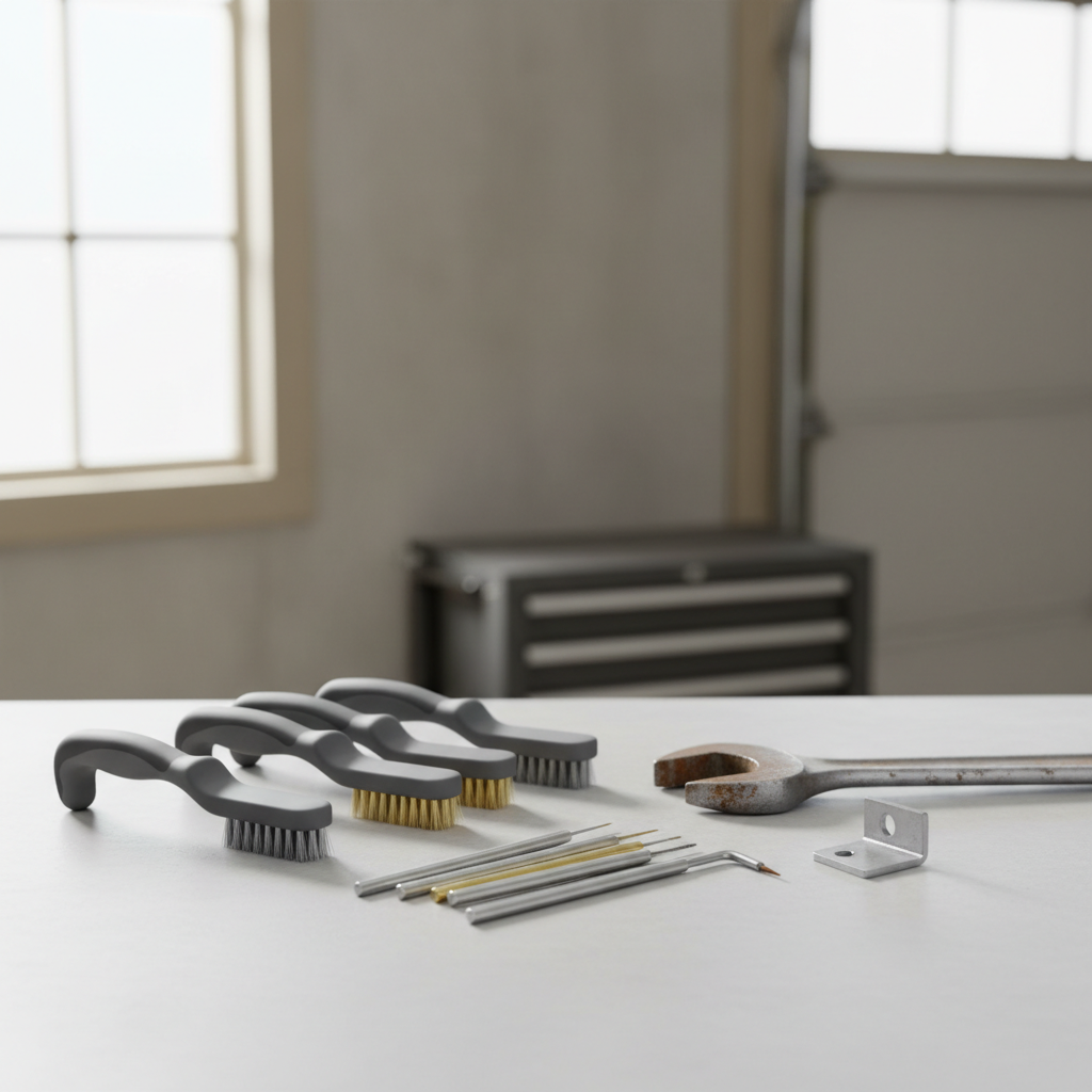 Wire brush set for rust removal on metal tools in a garage workspace