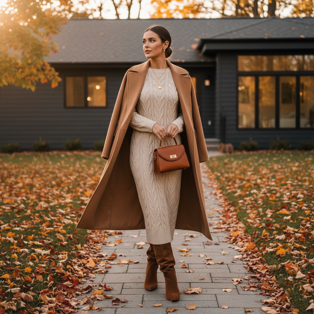 Woman wearing a cozy chic Thanksgiving outfit with knit dress, tall boots, and neutral coat