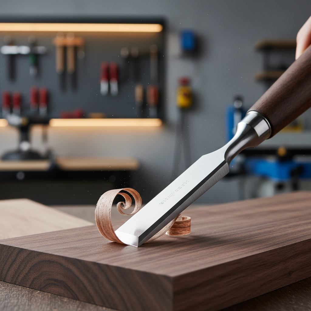 Close-up of a sharp chisel edge paring end grain for clean woodworking cuts