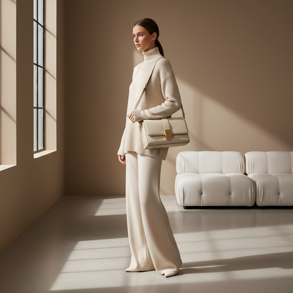Structured shoulder bag with monochrome knit outfit in a modern setting