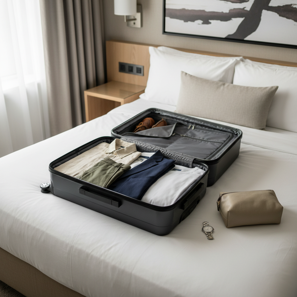 Wrinkle-free men travel outfit laid out on a bed with carry-on suitcase