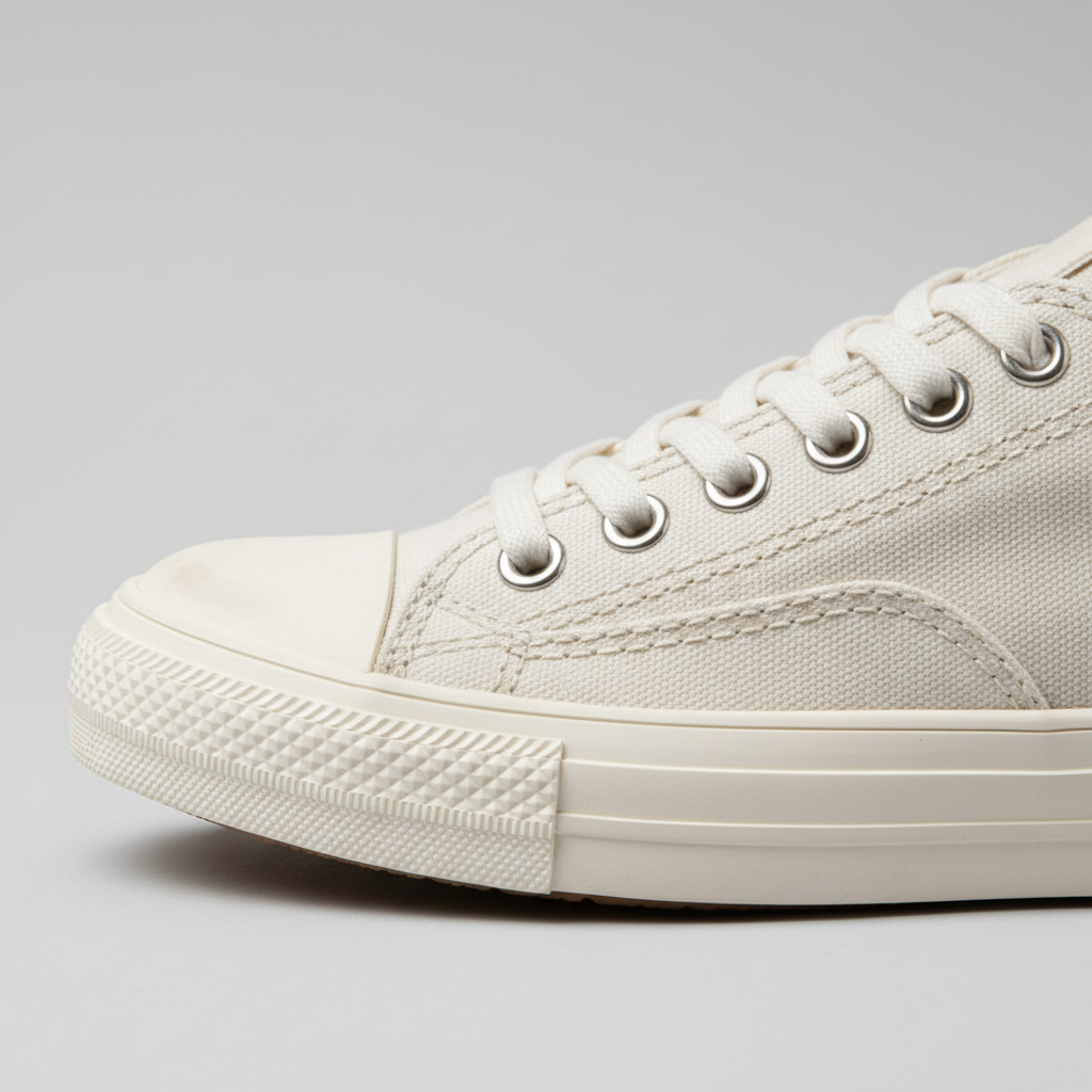 Close-up of canvas sneaker construction showing stitching and rubber sole