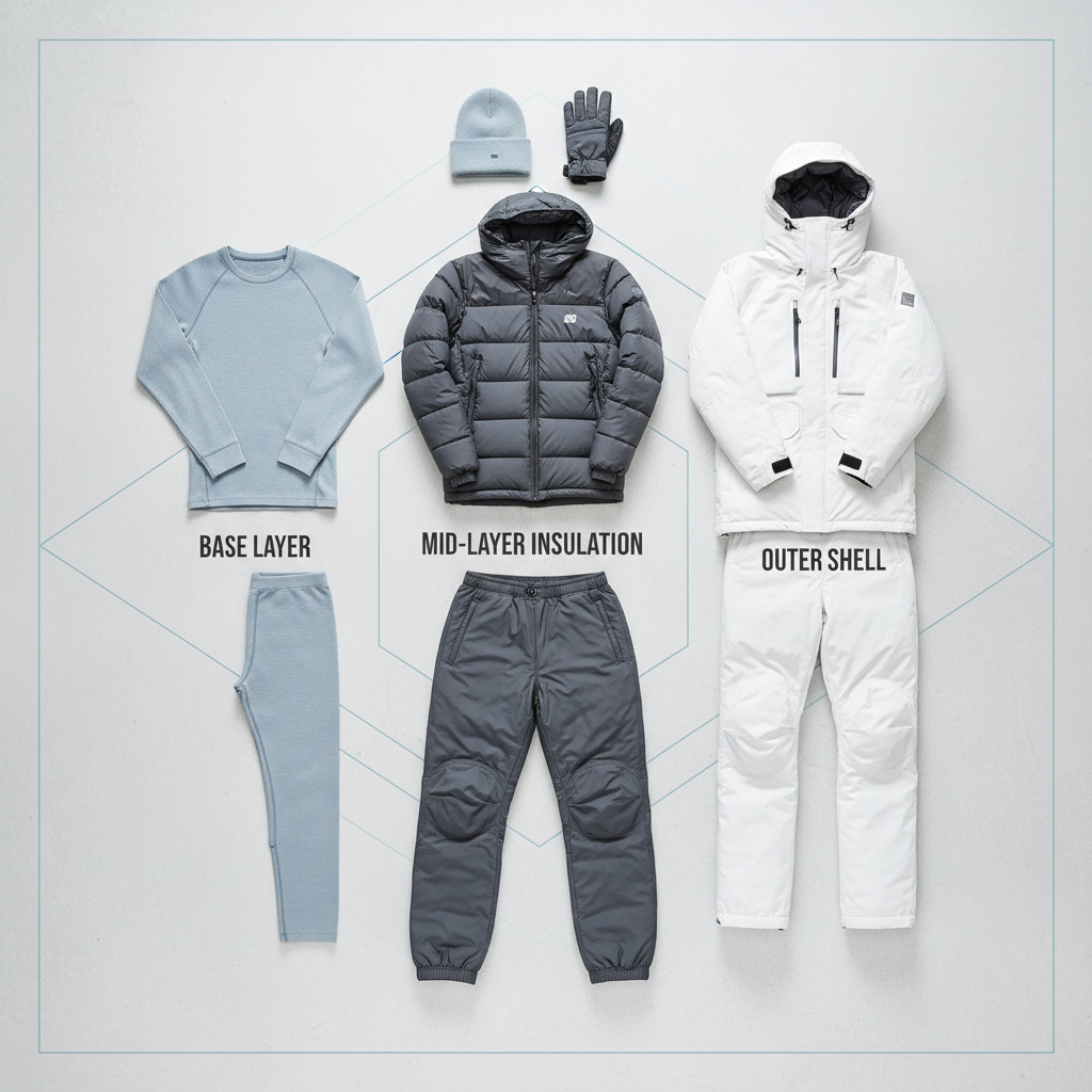 Arctic travel clothing layering system diagram with base, mid, and shell layers