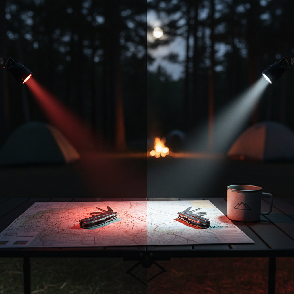Comparison of red light and white light beams from a headlamp on a campsite table