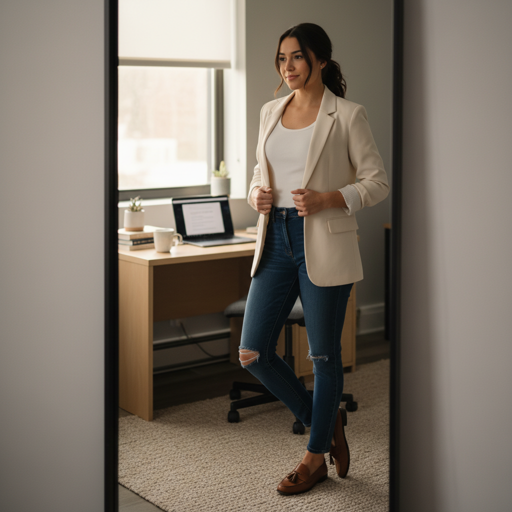 Student styling a blazer with jeans for a campus presentation outfit
