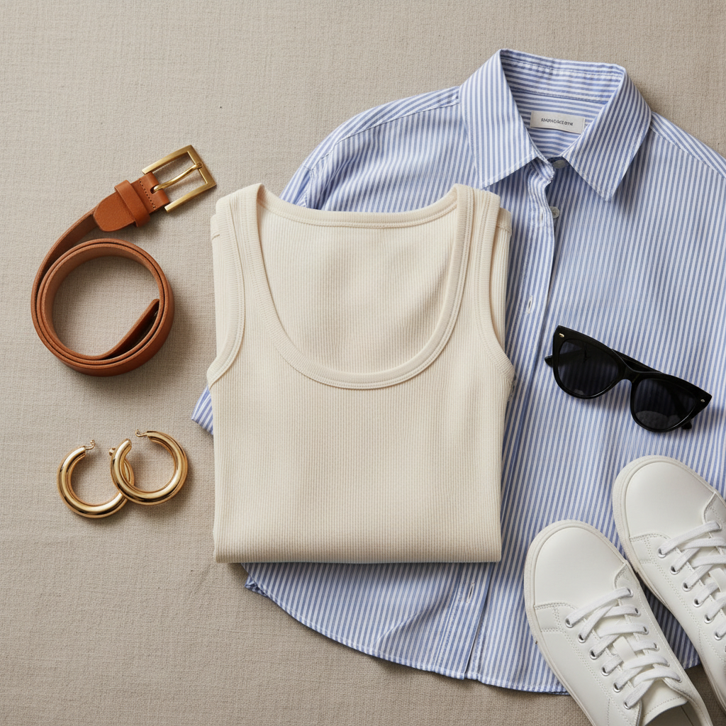 Minimal accessories and layering pieces to style a ribbed tank top casually