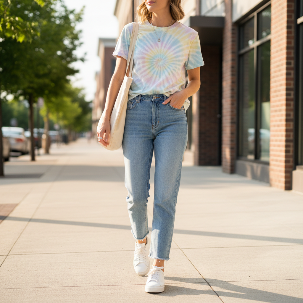Casual tie dye outfit with neutral basics and white sneakers